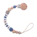 Blue and grey silicone baby pacifier clip with beech wood clip and BABY letter beads - Dark Blue Pacifier Chain