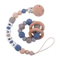 Blue silicone and beech wood baby pacifier clip and octagonal teething ring set - Ink Blue
