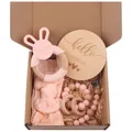 Pink baby gift set featuring rabbit silicone teether bow headband and pacifier clip - Light Pink