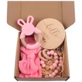 Pink rabbit silicone teether set with matching headband and hello world milestone - Pink