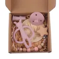 Baby gift set with pink silicone bunny teether pacifier chain and wooden hello world card - Pink Rabbit