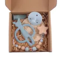 Baby gift set with silicone rabbit teether, pacifier, and wooden star clip dummy chain - Grey Blue Rabbit