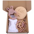 Pink rabbit silicone teether, bow headband, and pacifier clip in a cardboard gift box - Dusty Pink