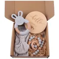 Infant gift set with grey silicone rabbit teether, bow headband and wooden pacifier clip - Light Gray