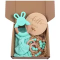 Mint green baby gift set with rabbit teether bow headband and hello world wooden sign - Mint Green