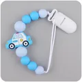 Blue and white silicone baby pacifier clip featuring a cartoon police car bead design - Blue