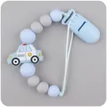 Light blue silicone baby pacifier clip with cartoon police car bead and blue clasp - Grey Blue