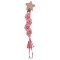 Attache-tétine en macramé rose avec perles en hêtre et clip en bois étoile à cinq branches - Étoile