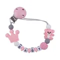Pink silicone baby pacifier clip with cartoon bear, knitted ball, and BABY letter beads - Pink