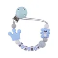 Blue koala baby pacifier clip with silicone beads and crown detail on white background - Blue