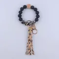 Silicone beaded wristlet keychain with leopard print beads, wood bead and leather tassel - Leopard Print
