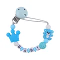 Blue silicone pacifier clip with baby letter beads and cartoon bear teething accessory - Dark Blue