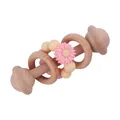 Pink daisy silicone beads and beech wood baby rattle with smooth wooden rings - Pink