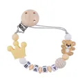 Silicone pacifier clip with brown bear, crown beads, and BABY letter cubes - Yellow
