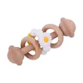 Daisy wood and silicone baby rattle teether toy in bright yellow and white finish - White