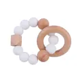Baby teething ring with white silicone beads and natural beech wood geometric elements - White