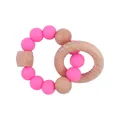 Pink silicone beads and beech wood rings baby teether bracelet for infant relief - Rose Red