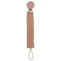 Brauner Musselin-Baumwolle Schnullerkette mit Buchenholz-Clip und Sicherheitsschlaufe - Hellkaffee
