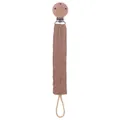 Baby Schnullerkette mit braunem Musselin-Band und rundem Clip aus Buchenholz - Khaki
