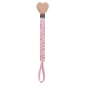 Handmade pink woven cotton pacifier clip with a heart-shaped beech wood fastener - Pink