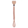 Pink woven pacifier clip with natural beech wood heart holder for infants - Rose Pink
