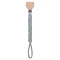 Handmade light grey braided cotton pacifier clip with heart shaped beech wood holder - Blue