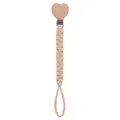 Handmade beige macrame pacifier clip with heart shaped beech wood and metal clasp - Nude