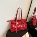 Glossy bright red faux leather tote bag with silver buckles and mirror finish - Red