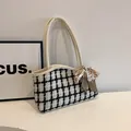 Elegante geruite tweed shopper met lederen riemen en een zijden strikdecoratie - Wit