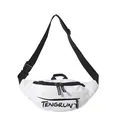 White minimalist waterproof chest bag with black adjustable strap and logo detail - White