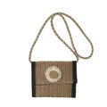 Handwoven straw crossbody bag with white daisy flower and black trim detail - Black