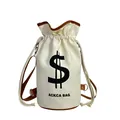 Borsa a secchiello in tela bianco sporco con stampa dollaro e finiture in cuoio - Marrone
