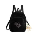 Black plush backpack with heart embroidery and cute mushroom charm detail - Without Pendant / Black