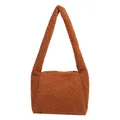 Caramel brown plush lamb wool shoulder bag with a minimalist fuzzy teddy texture - Brown