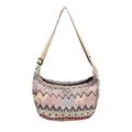 Crossbody canvas dumpling bag featuring colorful geometric wave pattern with adjustable strap - Pink