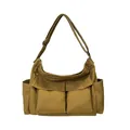 Large khaki canvas crossbody messenger bag with multiple utility pockets for students - Brown