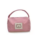Pink corduroy handheld cosmetic bag with cute bear label and top handle on white base - Deep Pink