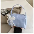 Light blue stylish mini handbag with lace bow and pearl charm for bridesmaids - With Pendant Decoration / Blue