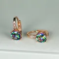 Detail view of round rainbow zircon earrings with rose gold finish and pavé accents - Rose Gold Multicolor