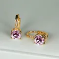Detailed macro view of gold-plated hoop earrings with round pink zircon and white accents - Gold Plated Pink Zircon