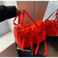 Borsa a spalla in nylon rosso vibrante con fiocchi e capiente design stile tote - Arancione
