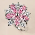 Detailed close-up of cherry blossom flower ring with pink marquise zircon stones - Size 6 Ring