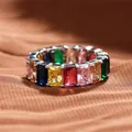 Macro view of emerald cut rainbow eternity ring with multi-colored rectangle gemstones - US 7 / White Gold Multicolor