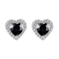 Elegant silver heart earrings with black stone haloed by white zircon crystals - Platinum Plated Black Zirconia
