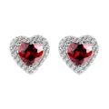 Elegant silver heart earrings with dark red zircon center and halo of white stones - Platinum Plated Red Zirconia