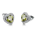 Elegant heart-shaped stud earrings with yellow-green zircon and a shimmering diamond halo - Platinum Plated Olive Green Zircon