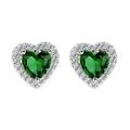 Elegant silver heart stud earrings with emerald green zircon and pavé crystal halo - Platinum Plated Green Zirconia