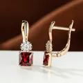 Square red zircon flower earrings in rose gold finish with lever-back closure - Red