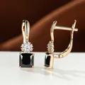 Elegant champagne gold lever-back earrings with black square zircon and white floral stones - Black