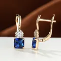 Champagne gold sunflower lever-back earrings with square blue sapphire zircon stones - Dark Blue